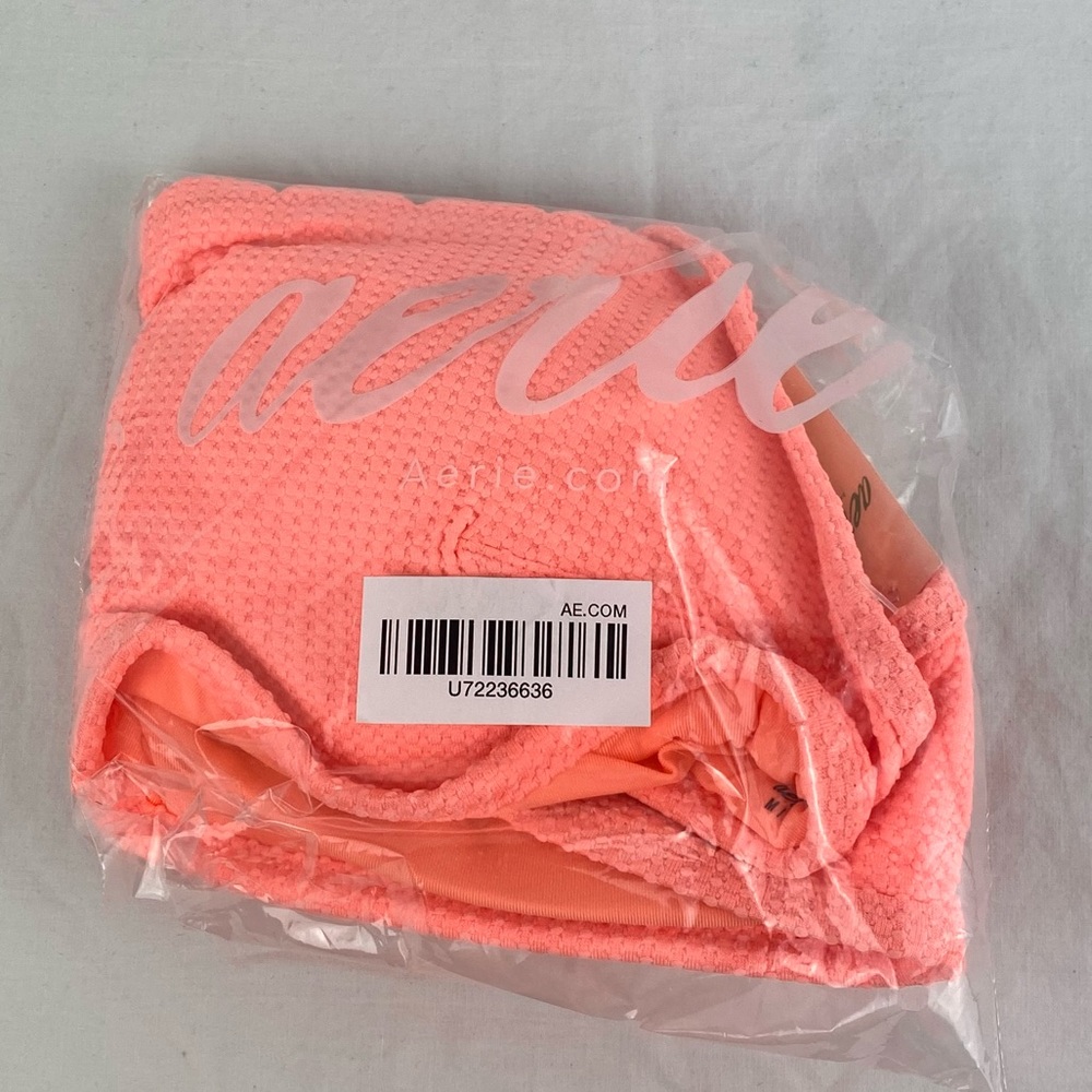 New Aerie Waffle Fabric Bandeau Bikini Swim Top Scalloped Haute Coral - Picture 6 of 6